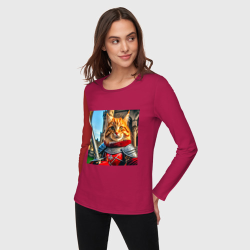 Женский лонгслив хлопок Рыжий кот рыцарь с мечом, цвет маджента - фото 3