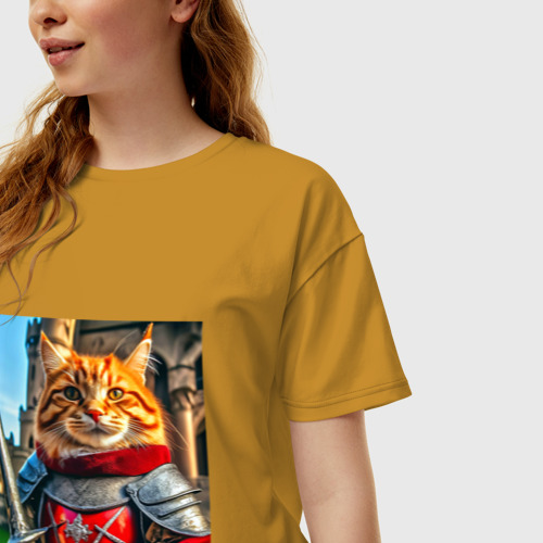 Женская футболка хлопок Oversize с принтом Рыжий кот рыцарь с мечом, фото на моделе #1