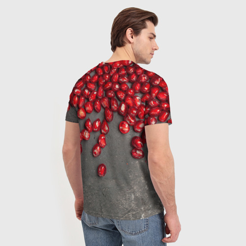 Мужская футболка 3D с принтом Гранат зёрна граната на сером, вид сзади #2