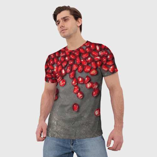 Мужская футболка 3D с принтом Гранат зёрна граната на сером, фото на моделе #1