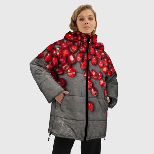 Женская зимняя куртка 3D с принтом Гранат зёрна граната на сером, фото на моделе #1