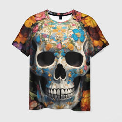 Мужская футболка 3D Bright flowers and skull