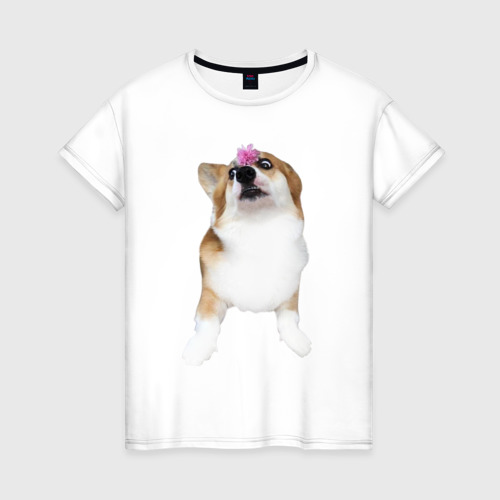 Женская футболка из хлопка с принтом Взрослая собака корги, вид спереди №1