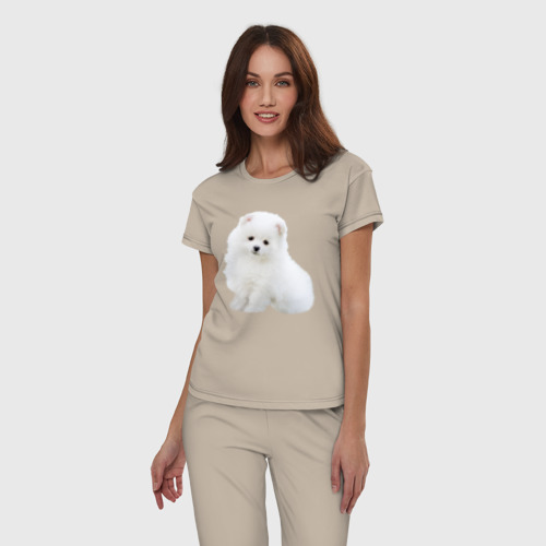 Женская пижама хлопок Белый щенок породы шпиц, цвет миндальный - фото 3
