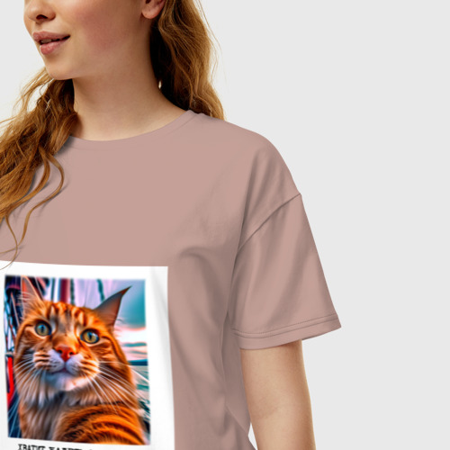Женская футболка хлопок Oversize с принтом Рыжий кот селфи на полароид: хватит жалеть о старых ошибках, фото на моделе #1