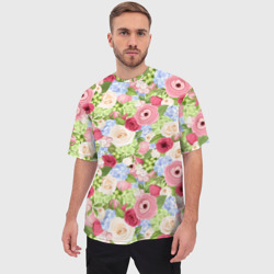 Мужская футболка oversize 3D Фон с розами, лютиками и гортензиями - фото 2