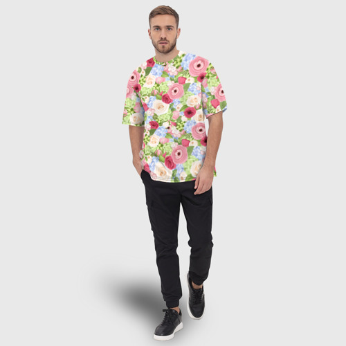 Мужская футболка oversize 3D Фон с розами, лютиками и гортензиями, цвет 3D печать - фото 5
