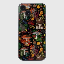 Чехол для iPhone 15 силиконовый с защитой камеры Фон с лесными грибами