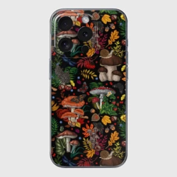 Чехол для iPhone 15 Pro Max силиконовый с защитой камеры Фон с лесными грибами