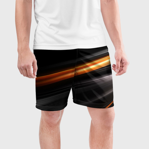 Мужские шорты спортивные с принтом Оранжевая яркая полоса на черной  абстракции, фото на моделе #1