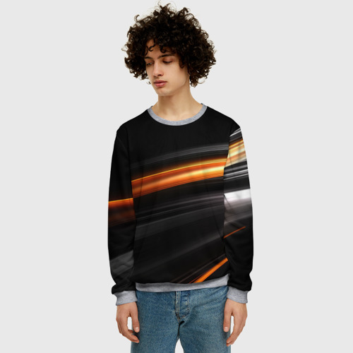 Мужской свитшот 3D с принтом Оранжевая яркая полоса на черной  абстракции, фото на моделе #1