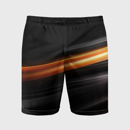 Мужские шорты спортивные с принтом Оранжевая яркая полоса на черной  абстракции, вид спереди #2
