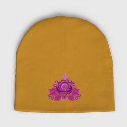 Женская шапка демисезонная Малиновый цветок и узоры гжель