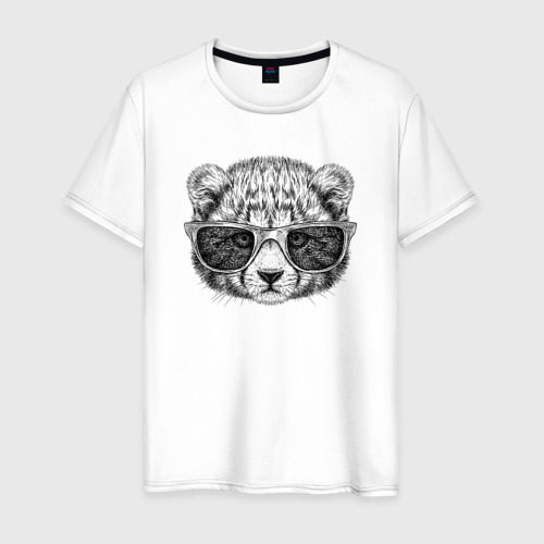 Мужская футболка из хлопка с принтом Детеныш гепарда в очках, вид спереди №1
