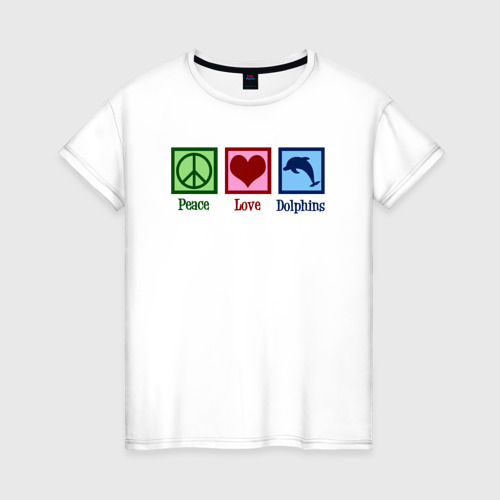 Женская футболка из хлопка с принтом Мир любовь дельфины, вид спереди №1