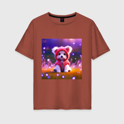 Женская футболка хлопок Oversize Маленький щенок в волшебном лесу