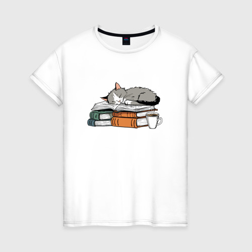 Женская футболка хлопок Кофе книги котики, цвет белый