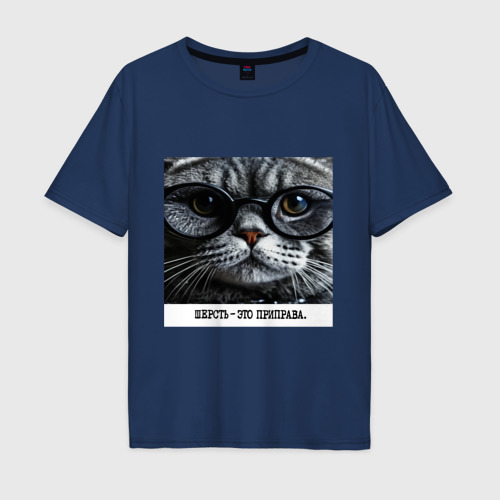 Мужская футболка хлопок Oversize с принтом Мем кот в очках: шерсть это приправа, вид спереди #2