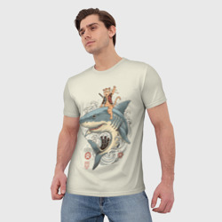 Мужская футболка 3D Кот якудза верхом на акуле - фото 2