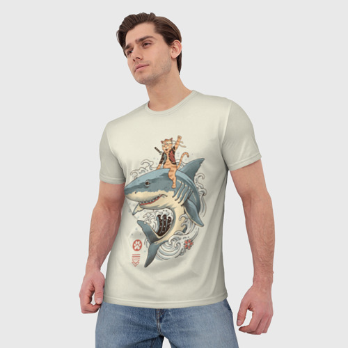 Мужская футболка 3D Кот якудза верхом на акуле, цвет 3D печать - фото 3