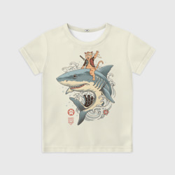 Детская футболка 3D Кот якудза верхом на акуле