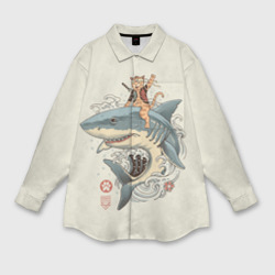 Женская рубашка oversize 3D Кот якудза верхом на акуле
