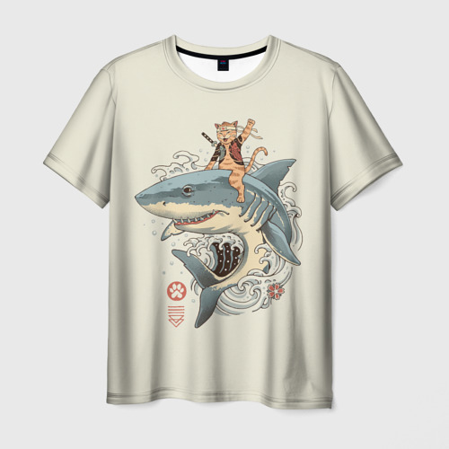 Мужская футболка 3D Кот якудза верхом на акуле, цвет 3D печать