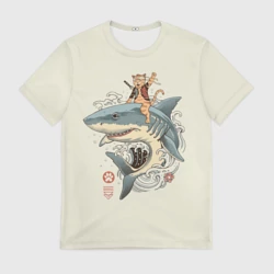 Мужская футболка 3D Кот якудза верхом на акуле