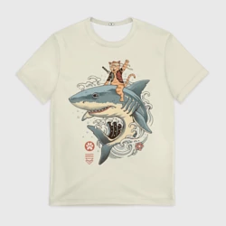 Мужская футболка 3D Кот якудза верхом на акуле