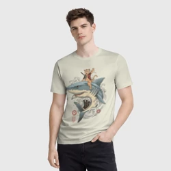 Мужская футболка 3D Кот якудза верхом на акуле - фото 2