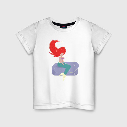Детская футболка из хлопка с принтом Русалочка сидит на камне - минимализм, вид спереди №1