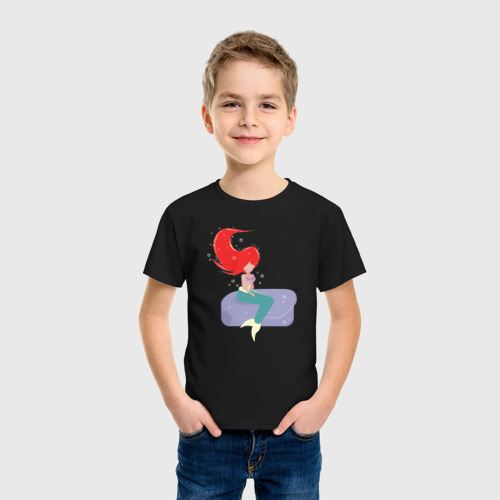 Детская футболка хлопок Русалочка сидит на камне - минимализм, цвет черный - фото 3