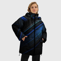 Куртка с принтом Темный синий абстракт с черными элементами для женщины, вид на модели спереди №2. Цвет основы: черный