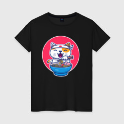 Кошечка и рамен – Женская футболка хлопок с принтом купить со скидкой в -20%