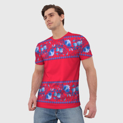 Мужская футболка 3D Голубая гжель на красном фоне - фото 2