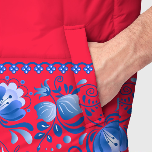 Мужской жилет утепленный 3D с принтом Голубая гжель на красном фоне, фото #4