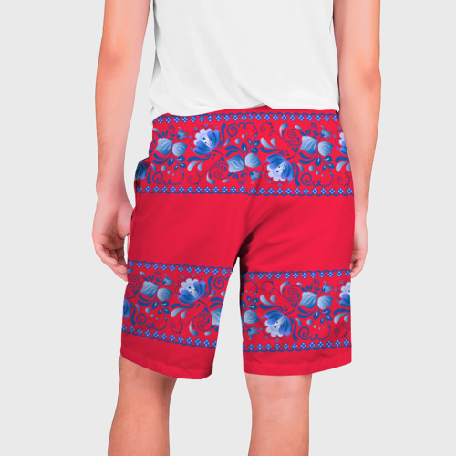 Мужские шорты 3D с принтом Голубая гжель на красном фоне, вид сзади #1
