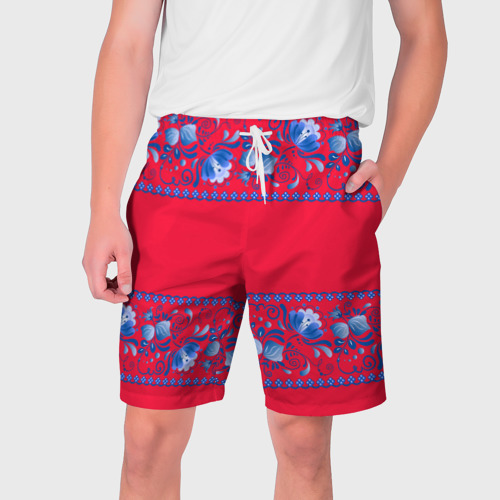 Мужские шорты 3D с принтом Голубая гжель на красном фоне, вид спереди #2