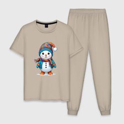 Мужская пижама хлопок Снеговик в шапочке и с шарфом
