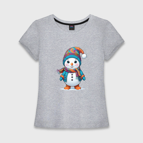 Женская футболка хлопок Slim Снеговик в шапочке и с шарфом, цвет меланж