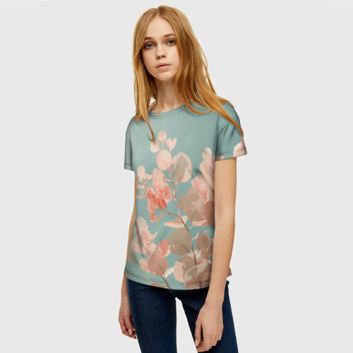 Женская футболка 3D с принтом Розовые листья, фото на моделе #1
