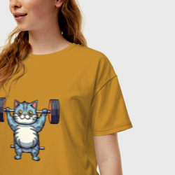 Женская футболка хлопок Oversize Кот с штангой  - фото 2