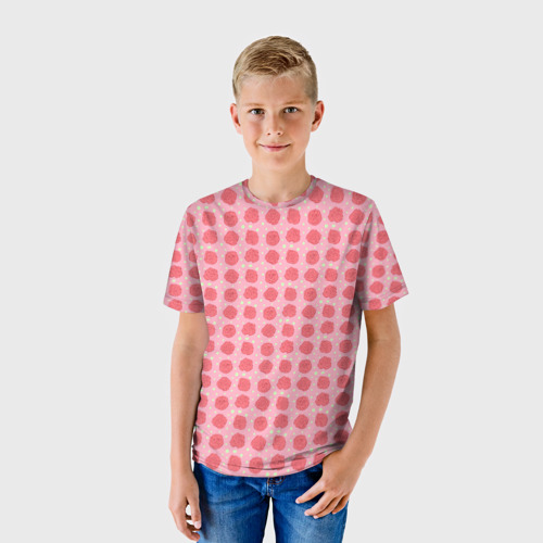 Детская футболка 3D с принтом Паттерн розочки на бежевом фоне, фото на моделе #1