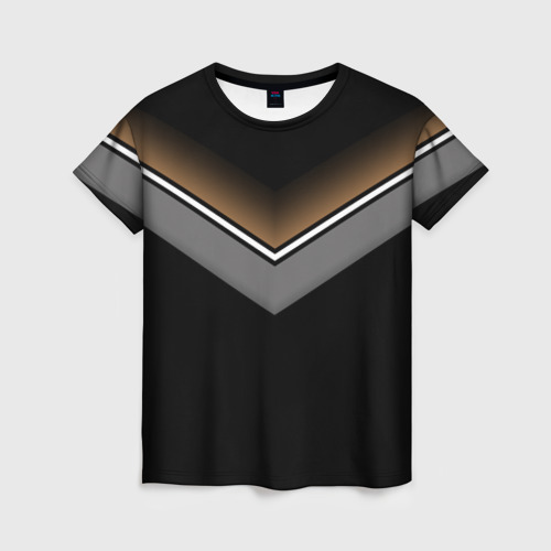 Женская футболка 3D с принтом Абстракция графика серая и коричневая полоски на черном, вид спереди #2