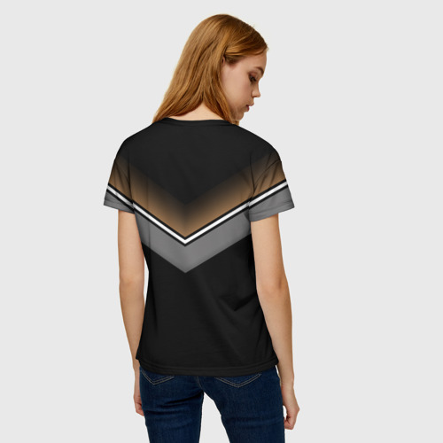Женская футболка 3D с принтом Абстракция графика серая и коричневая полоски на черном, вид сзади #2