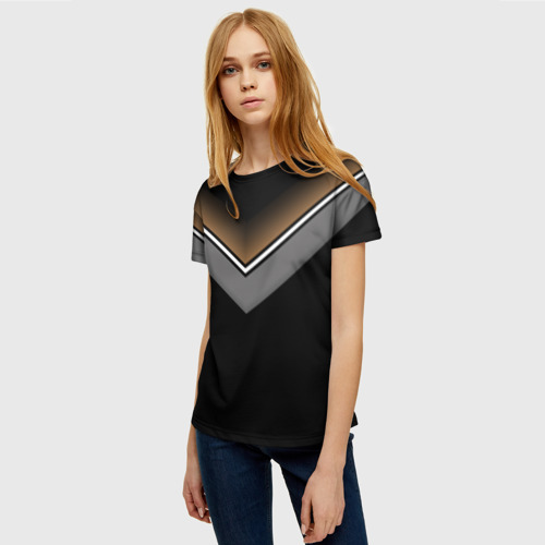 Женская футболка 3D с принтом Абстракция графика серая и коричневая полоски на черном, фото на моделе #1