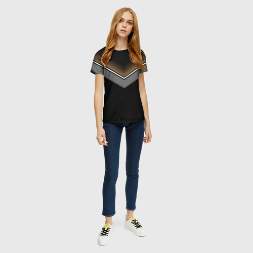 Женская футболка 3D с принтом Абстракция графика серая и коричневая полоски на черном, вид сбоку #3
