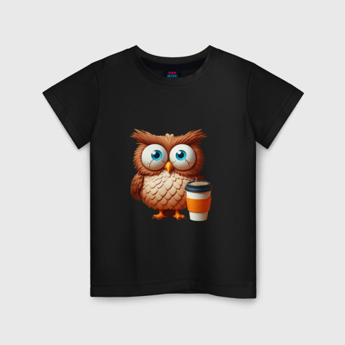 Детская футболка хлопок с принтом Растрепанная сова с кофе, вид спереди #2