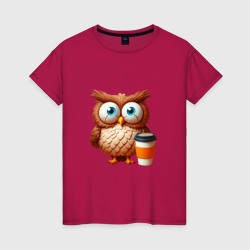 Растрепанная сова с кофе – Женская футболка хлопок с принтом купить