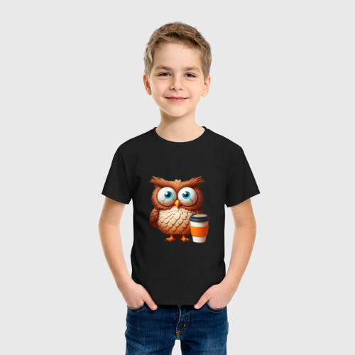 Детская футболка хлопок с принтом Растрепанная сова с кофе, фото на моделе #1